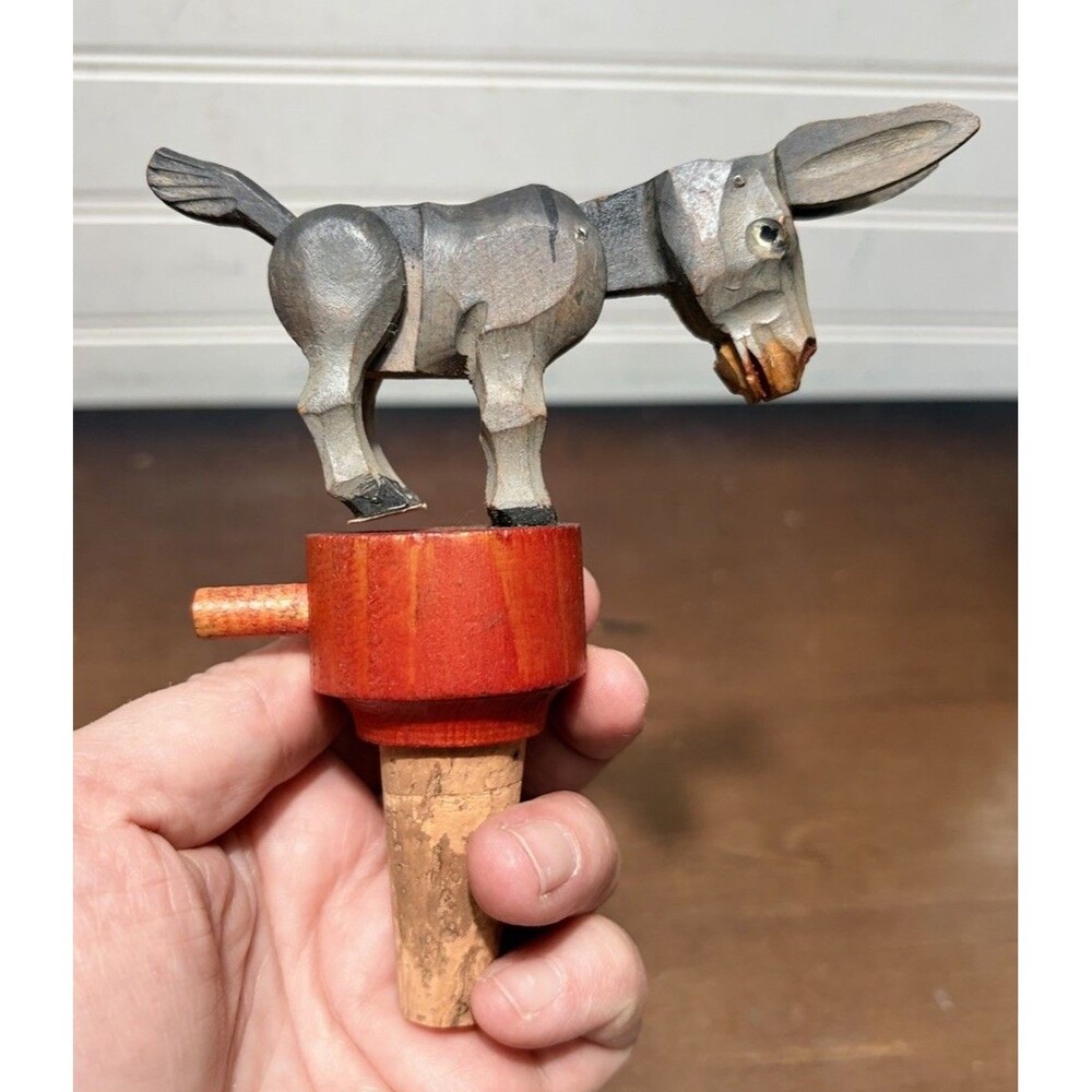 Vtg ANRI Kicking Donkey Bottle Stopper Handcarved Wood figure italy